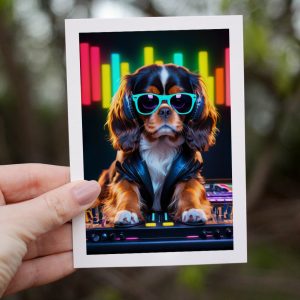card features a Black and Tan King Charles Spaniel spinning the decks as a DJ